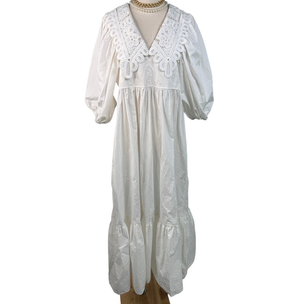 Hunter Bell Mercer Dress White Cotton Lace Collar Puff Sleeve Midi Maxi Dress L - Picture 6 of 13